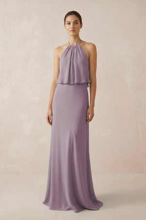 Dusk Halter Sheath Ruffled Chiffon Bridesmaid Dress | KISSBRIDAL