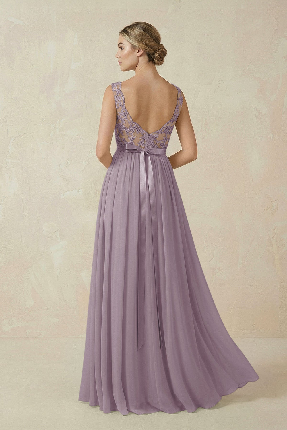 Lace A-Line Bateau Neck Chiffon Long Bridesmaid Dress in Dusk