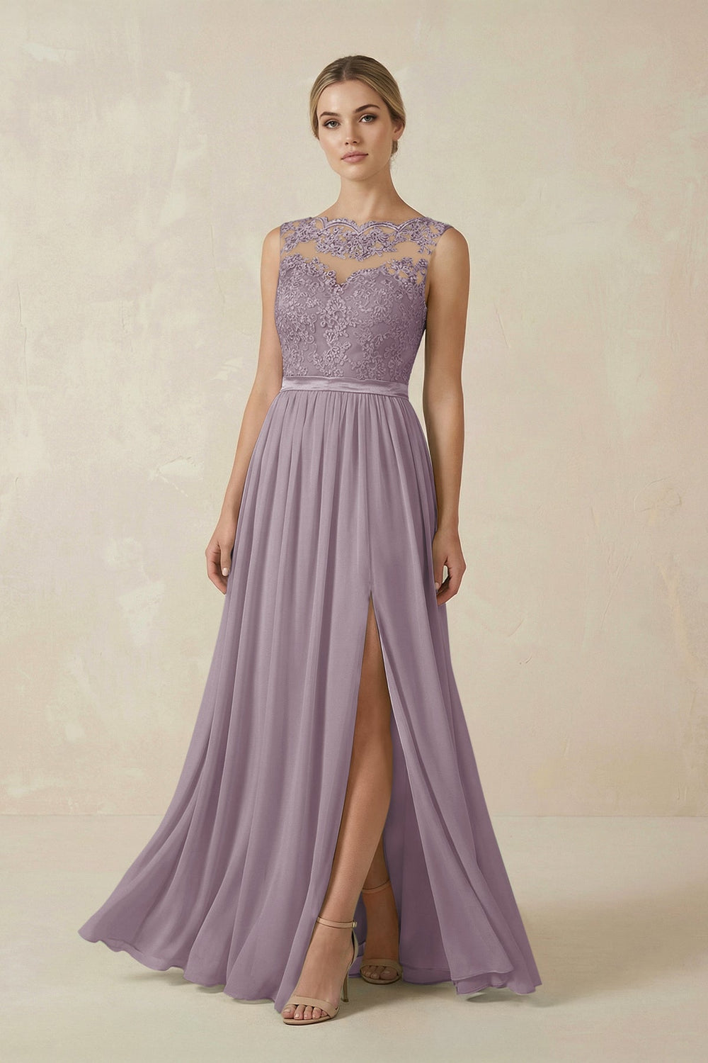 Lace A-Line Bateau Neck Chiffon Long Bridesmaid Dress in Dusk