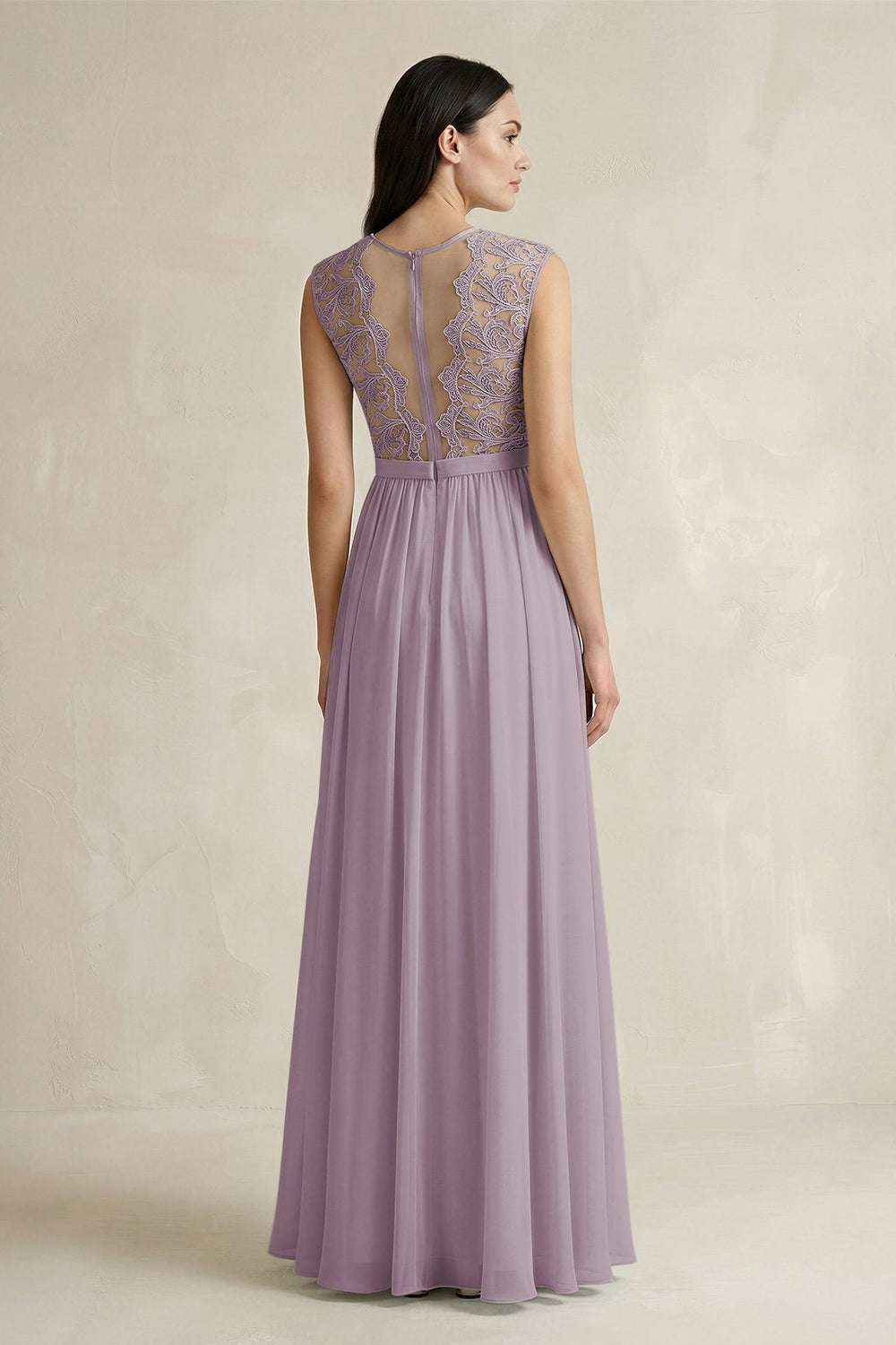 Lace Chiffon A-Line Round Neck Bridesmaid Dress in Dusk
