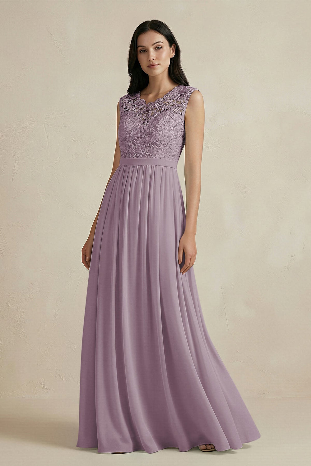 Lace Chiffon A-Line Round Neck Bridesmaid Dress in Dusk