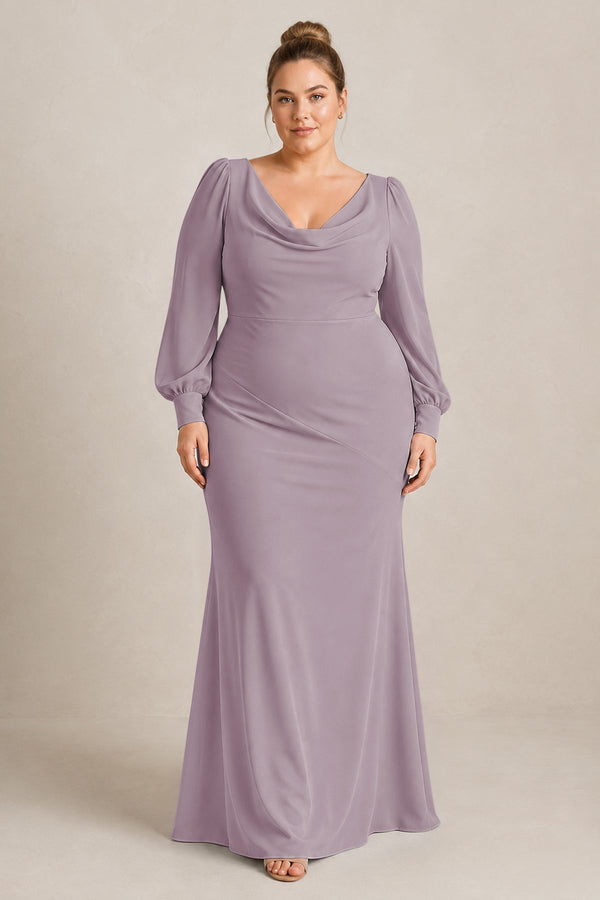 Dusk Long Sleeve V-Neck Sheath Chiffon Bridesmaid Dress [sizeplus] | KISSBRIDAL