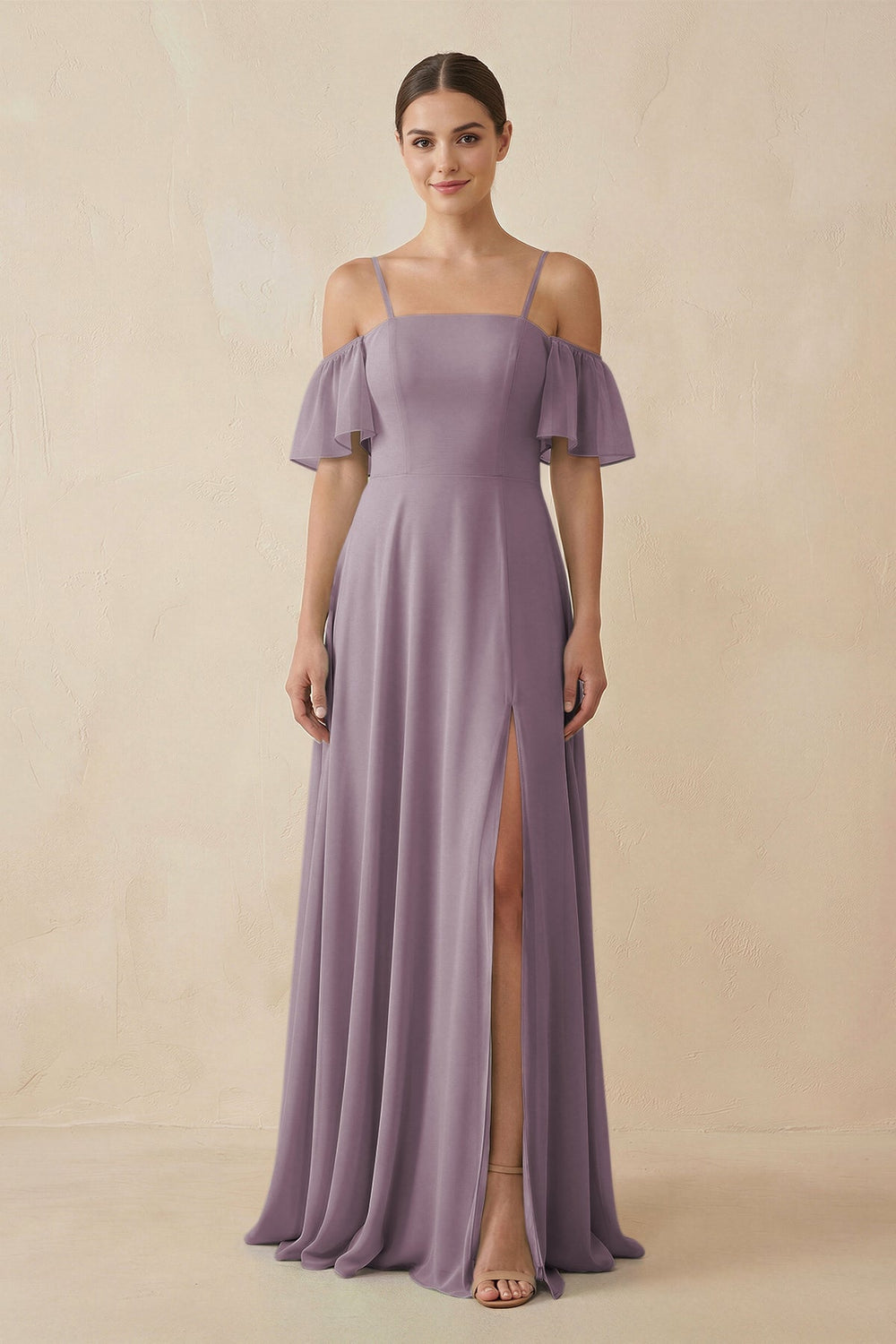 Off-the-Shoulder A-Line Chiffon Bridesmaid Dress in Dusk