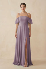 Dusk Off-the-Shoulder A-Line Chiffon Bridesmaid Dress | KISSBRIDAL