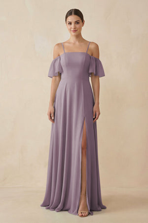 Dusk Off-the-Shoulder A-Line Chiffon Bridesmaid Dress | KISSBRIDAL