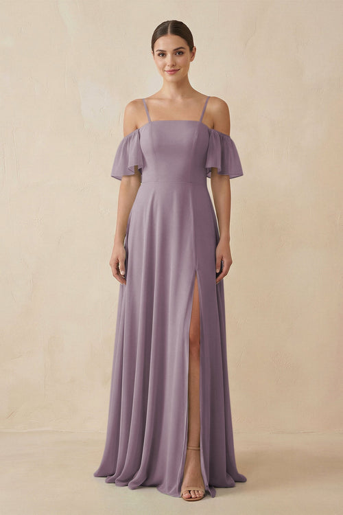 Dusk Off-the-Shoulder A-Line Chiffon Bridesmaid Dress | KISSBRIDAL
