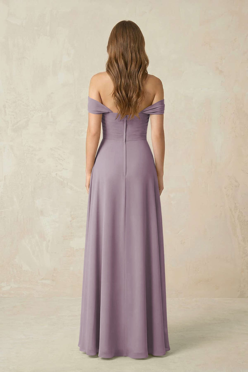 Off-the-Shoulder A-Line Chiffon Pleated Bridesmaid Dress in Dusk
