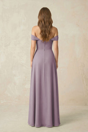 Dusk Off-the-Shoulder A-Line Chiffon Pleated Bridesmaid Dress (2) | KISSBRIDAL