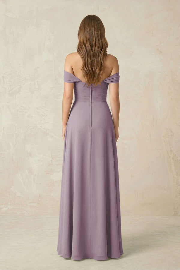 Dusk Off-the-Shoulder A-Line Chiffon Pleated Bridesmaid Dress (2) | KISSBRIDAL