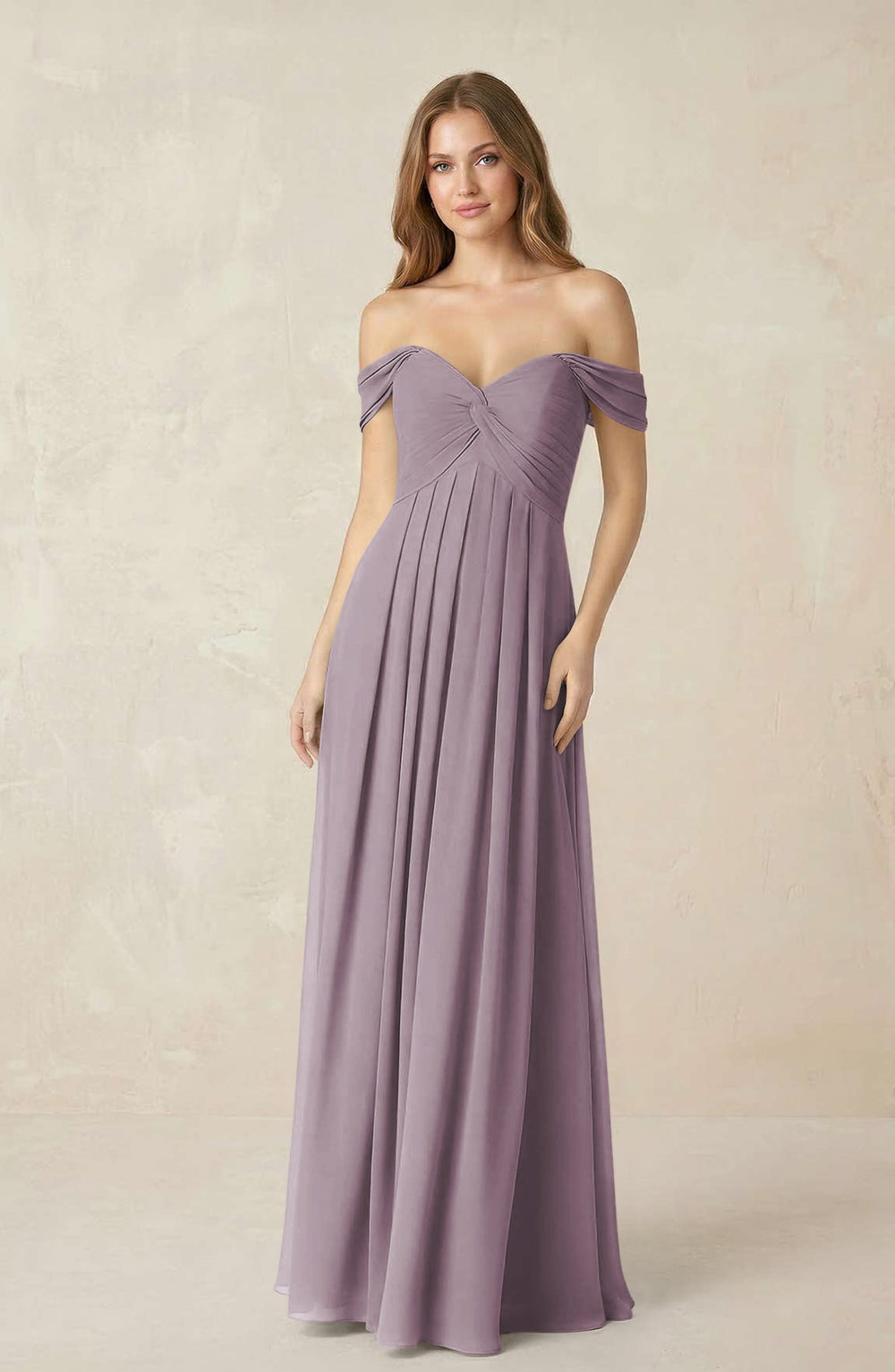 Off-the-Shoulder A-Line Chiffon Pleated Bridesmaid Dress in Dusk