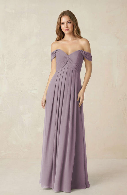 Dusk Off-the-Shoulder A-Line Chiffon Pleated Bridesmaid Dress | KISSBRIDAL