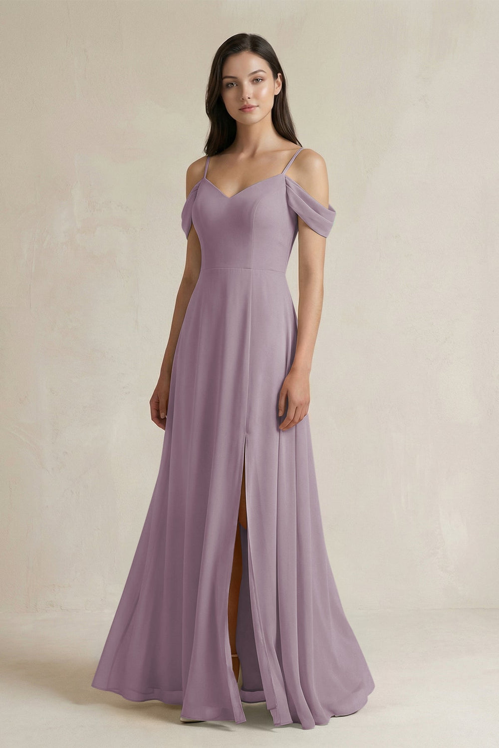 Off-the-Shoulder Chiffon A-Line Bridesmaid Dress in Dusk