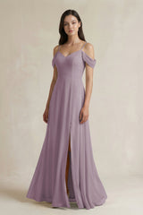 Dusk Off-the-Shoulder Chiffon A-Line Bridesmaid Dress | KISSBRIDAL