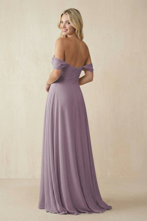 Dusk Off-the-Shoulder Chiffon A-Line Long Bridesmaid Dress (2) | KISSBRIDAL