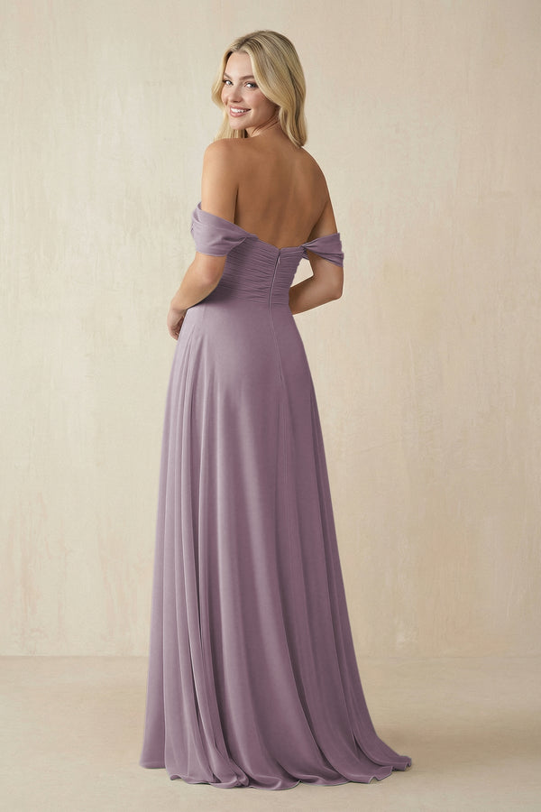 Dusk Off-the-Shoulder Chiffon A-Line Long Bridesmaid Dress (2) | KISSBRIDAL