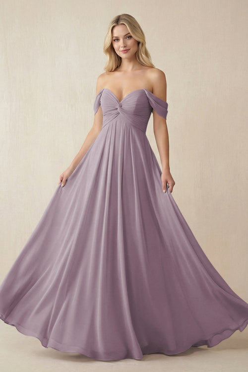Dusk Off-the-Shoulder Chiffon A-Line Long Bridesmaid Dress | KISSBRIDAL