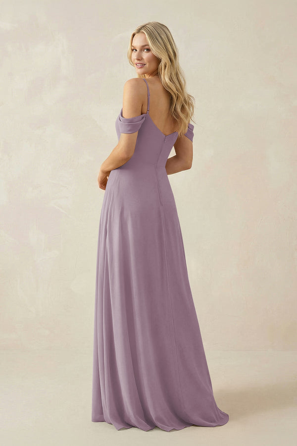 Dusk Off-the-Shoulder Chiffon A-Line Maxi Bridesmaid Dress (2) | KISSBRIDAL