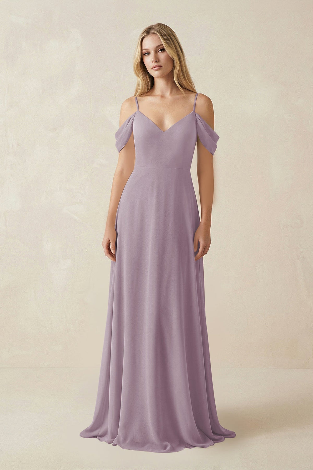 Off-the-Shoulder Chiffon A-Line Maxi Bridesmaid Dress in Dusk
