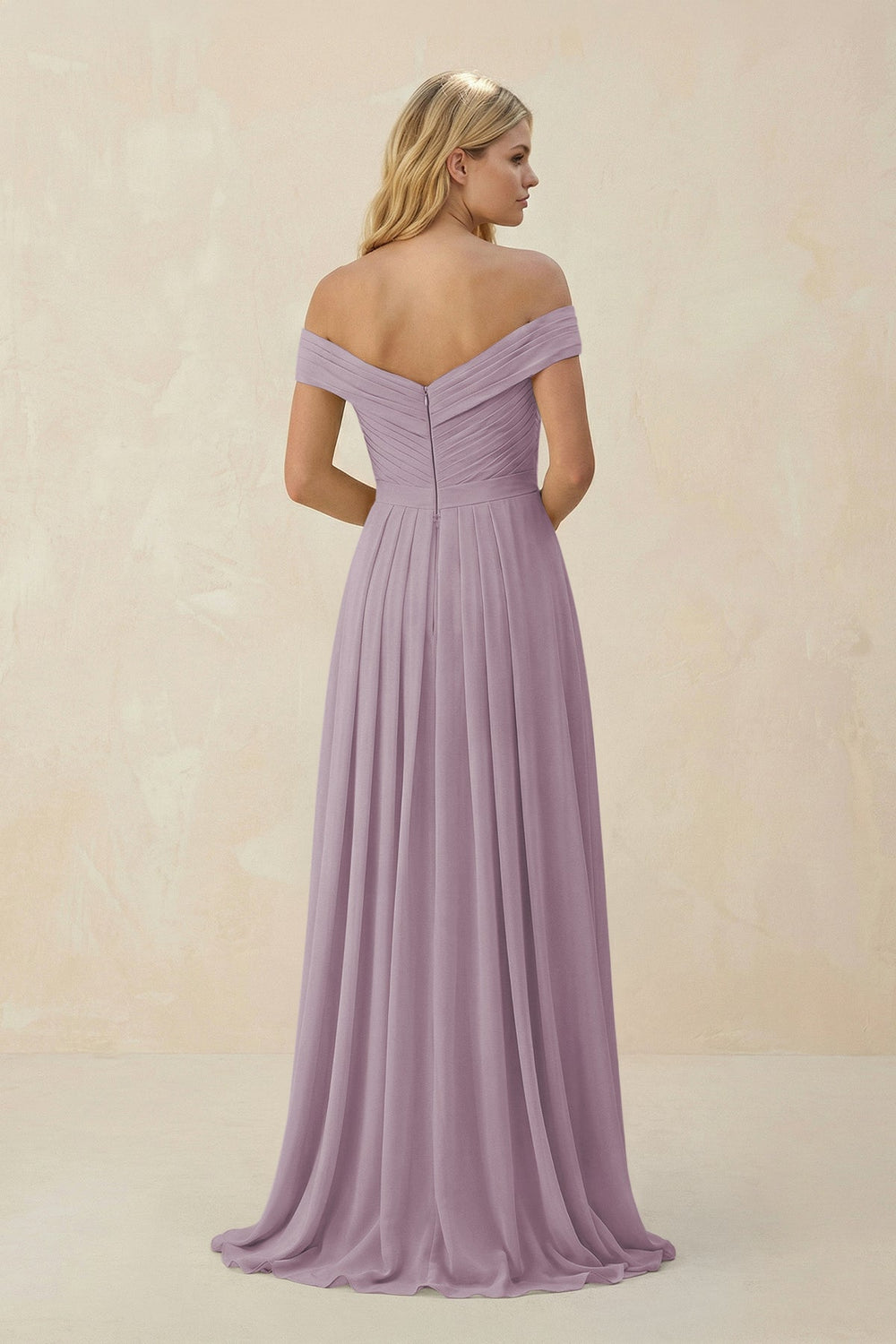 Off-the-Shoulder Pleated A-Line Chiffon Bridesmaid Dress in Dusk