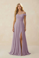 Dusk Off-the-Shoulder Pleated A-Line Chiffon Bridesmaid Dress | KISSBRIDAL