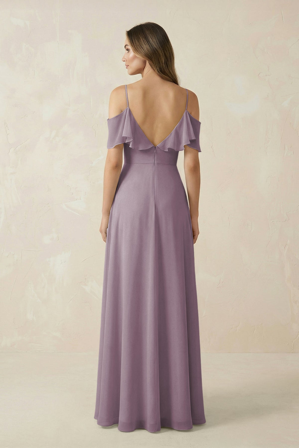 Off-the-Shoulder Ruffled A-Line Chiffon Bridesmaid Dress in Dusk