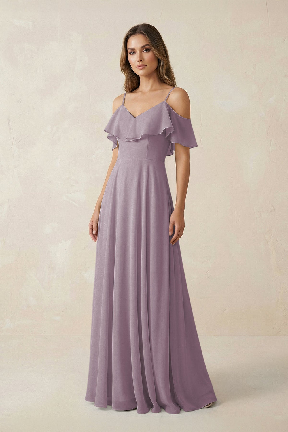 Off-the-Shoulder Ruffled A-Line Chiffon Bridesmaid Dress in Dusk