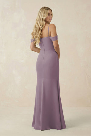 Dusk Off-the-Shoulder Sheath Chiffon Ruched Bridesmaid Dress (2) | KISSBRIDAL