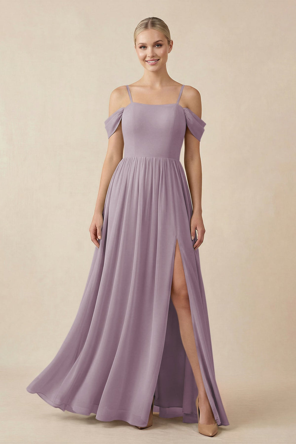 Off-the-Shoulder Sweetheart A-Line Chiffon Bridesmaid Dress in Dusk