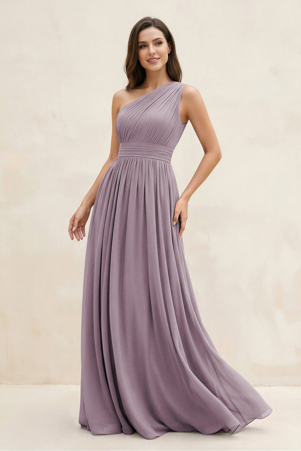 One-Shoulder Pleated A-Line Chiffon Bridesmaid Dress in Dusk