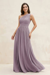 Dusk One-Shoulder Pleated A-Line Chiffon Bridesmaid Dress | KISSBRIDAL