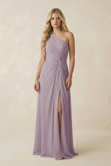 Dusk One-Shoulder Ruched A-Line Chiffon Bridesmaid Dress | KISSBRIDAL