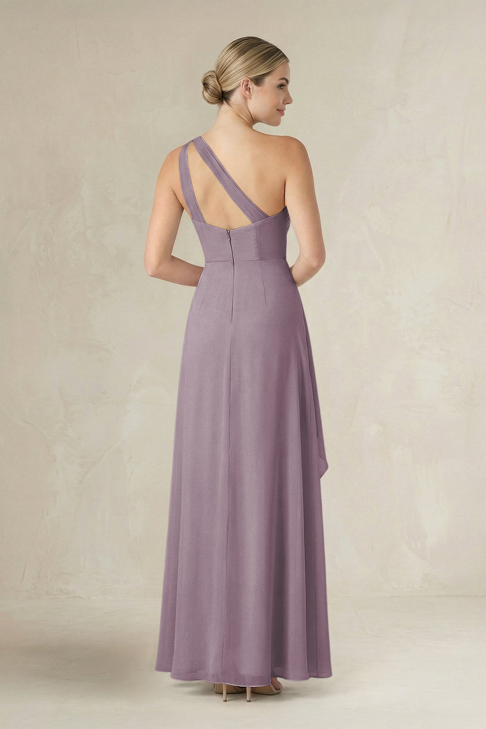 One-Shoulder Sheath Ruched Ruffled Bridesmaid Dress in Dusk