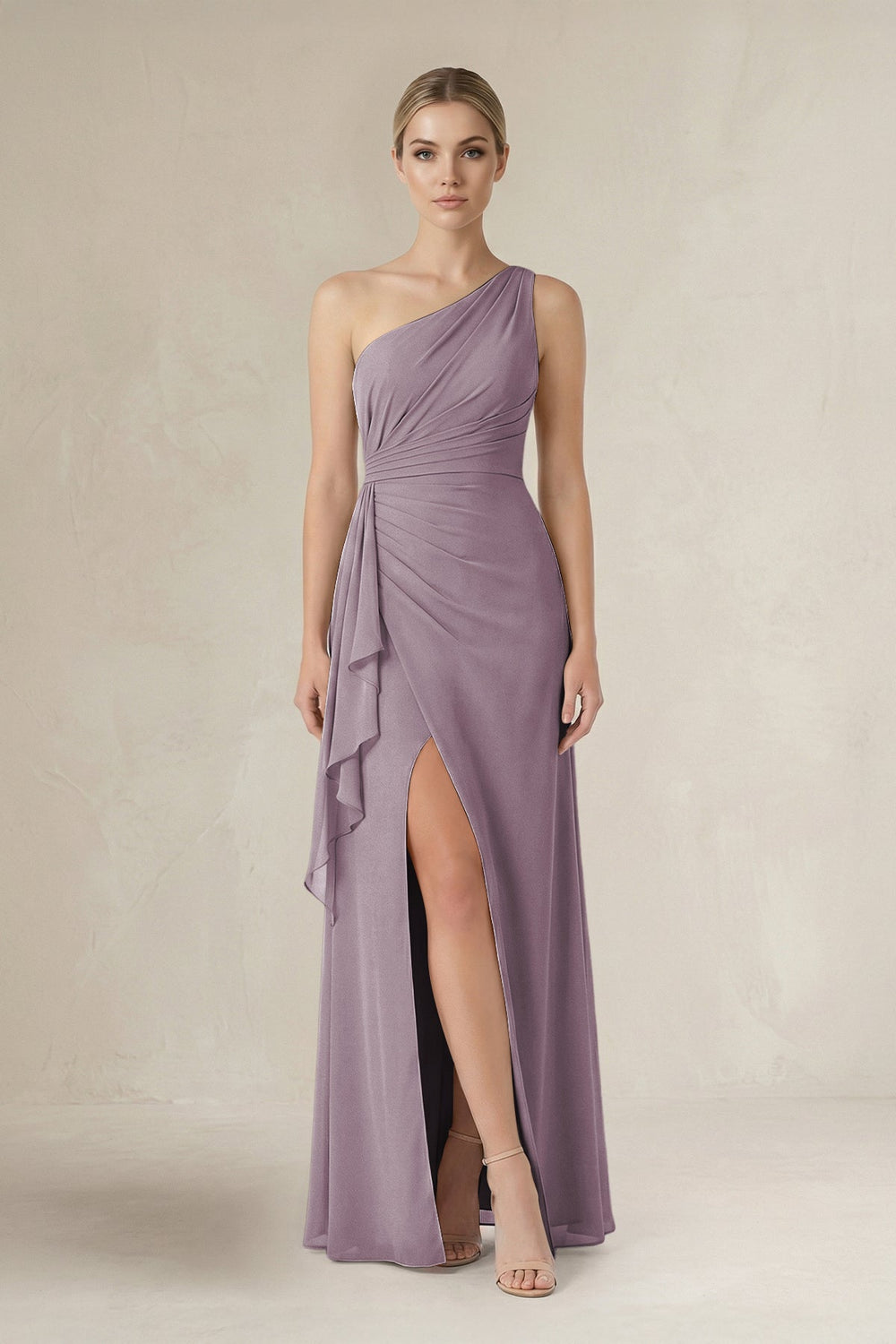 One-Shoulder Sheath Ruched Ruffled Bridesmaid Dress in Dusk