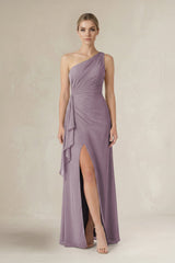 Dusk One-Shoulder Sheath Ruched Ruffled Bridesmaid Dress in Dusk | KISSBRIDAL