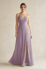 Dusk Pleated A-Line Long Chiffon Bridesmaid Dress | KISSBRIDAL