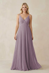 Dusk Pleated V-Neck A-Line Chiffon Bridesmaid Dress | KISSBRIDAL