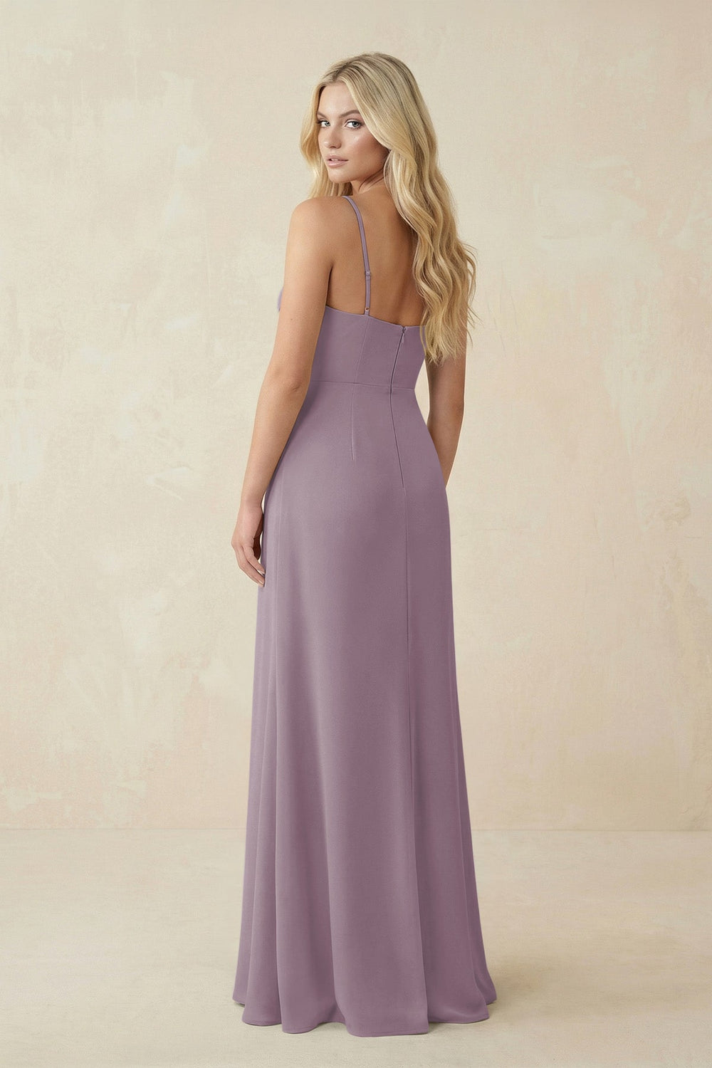Ruched Sheath Spaghetti Strap Chiffon Bridesmaid Dress in Dusk