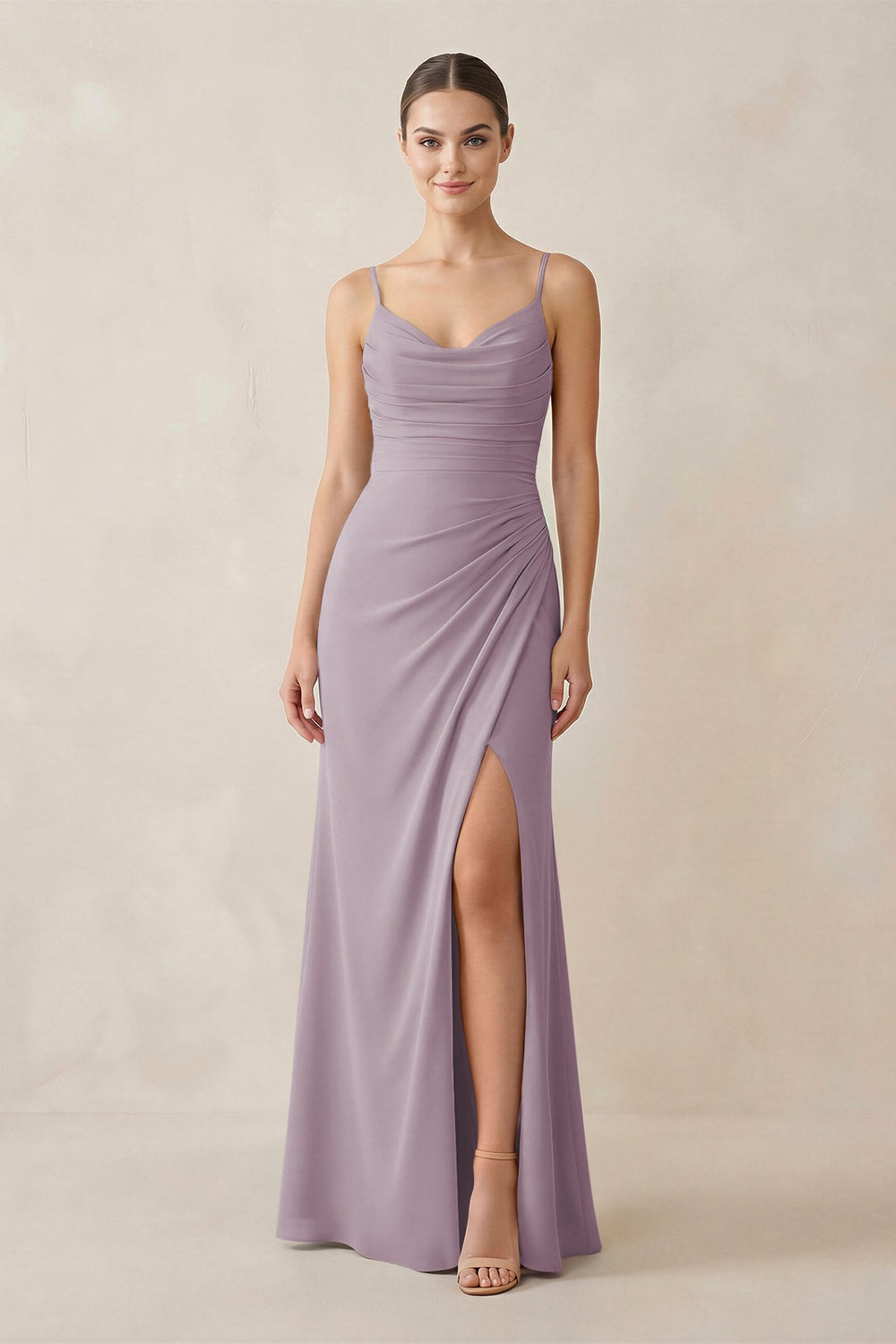 Ruched Sheath Spaghetti Strap Chiffon Bridesmaid Dress in Dusk