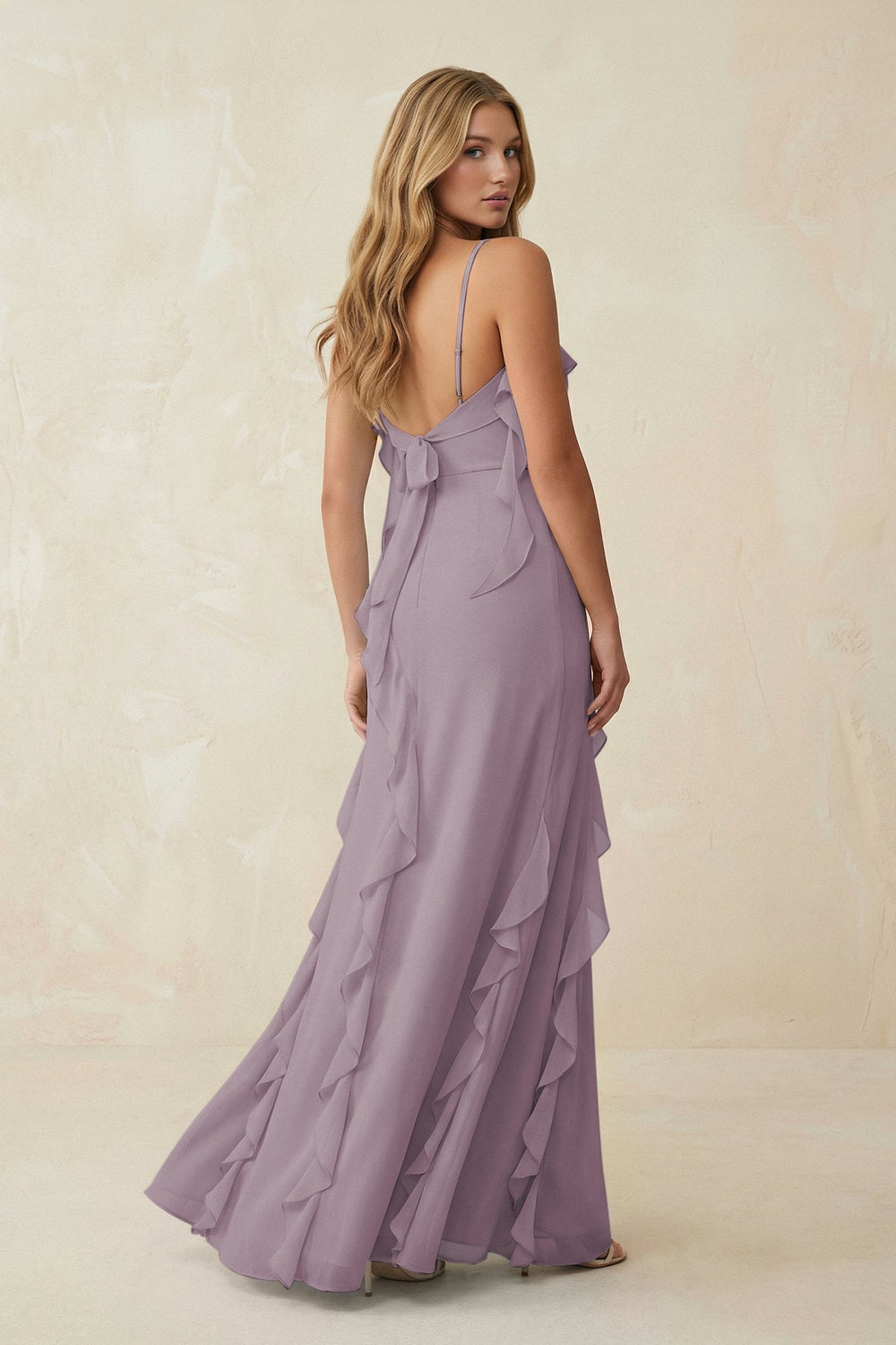 Ruffled Cami Strap Chiffon Sheath Bridesmaid Dress in Dusk