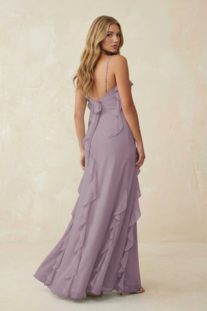 Dusk Ruffled Cami Strap Chiffon Sheath Bridesmaid Dress (2) | KISSBRIDAL