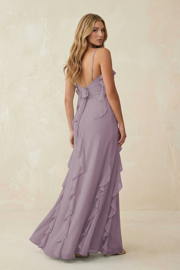 Dusk Ruffled Cami Strap Chiffon Sheath Bridesmaid Dress (2) | KISSBRIDAL