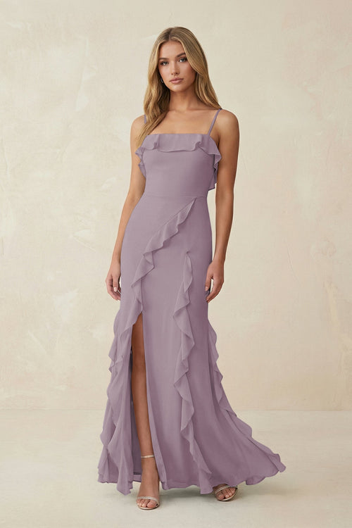 Dusk Ruffled Cami Strap Chiffon Sheath Bridesmaid Dress | KISSBRIDAL