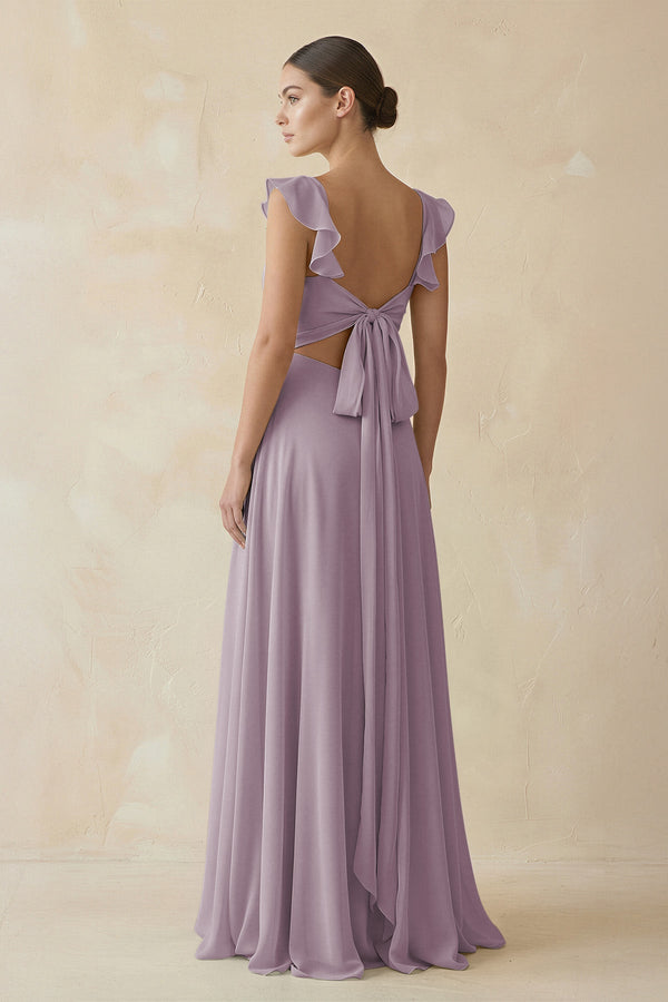Dusk Ruffled Chiffon A-Line Long Bridesmaid Dress (2) | KISSBRIDAL