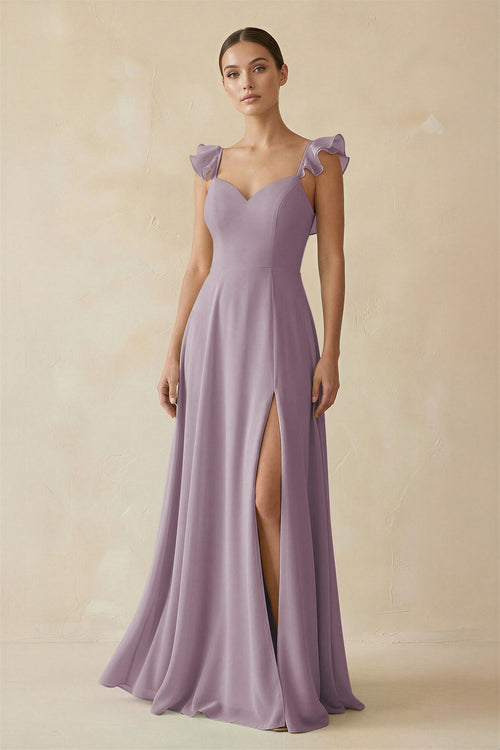 Dusk Ruffled Chiffon A-Line Long Bridesmaid Dress | KISSBRIDAL