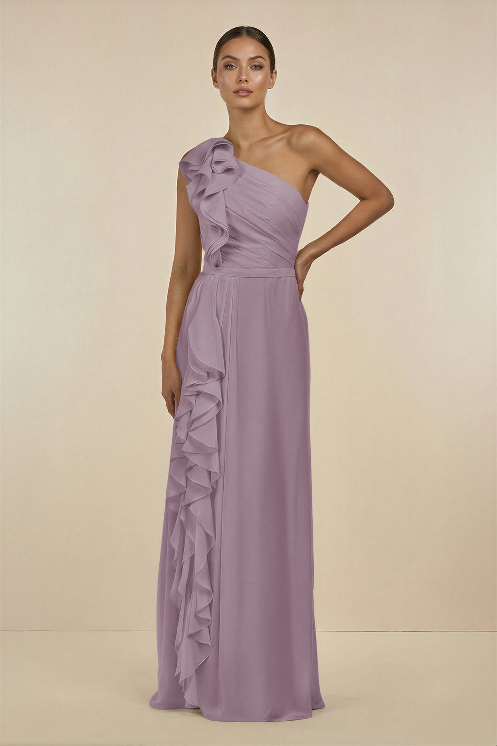 Ruffled One-Shoulder Pleated Sheath Bridesmaid Dress in Dusk