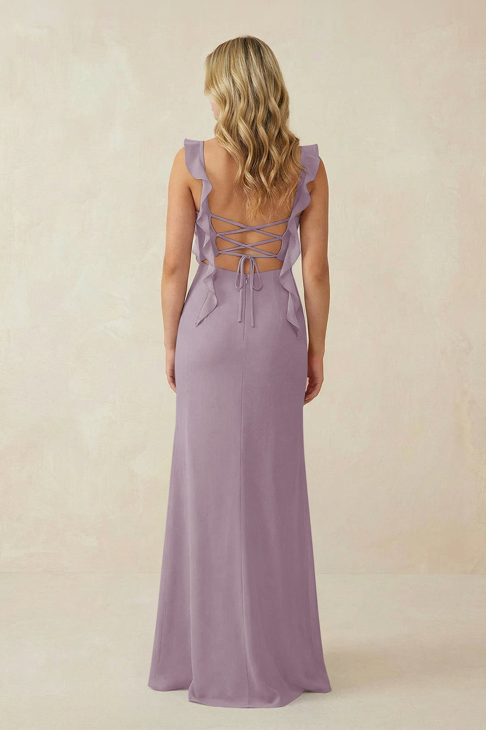 Ruffled Sleeve Ruched Sheath Chiffon Bridesmaid Dress in Dusk