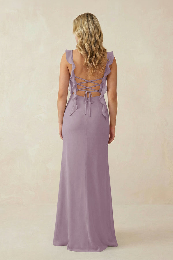 Dusk Ruffled Sleeve Ruched Sheath Chiffon Bridesmaid Dress (2) | KISSBRIDAL