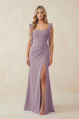 Dusk Ruffled Sleeve Ruched Sheath Chiffon Bridesmaid Dress | KISSBRIDAL