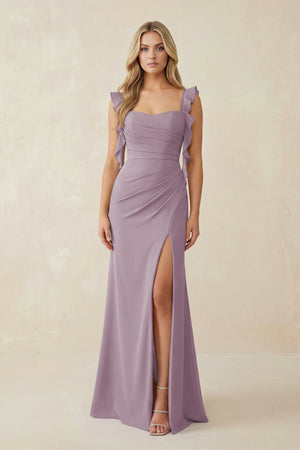Dusk Ruffled Sleeve Ruched Sheath Chiffon Bridesmaid Dress | KISSBRIDAL