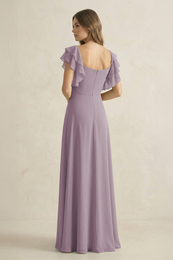 Dusk Ruffled Sleeves A-Line Chiffon Bridesmaid Dress (2) | KISSBRIDAL